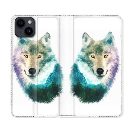 Housse Cuir Portefeuille Pour Iphone 15 (6,1) Animal Loup Montagne