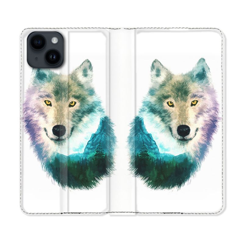 Housse Cuir Portefeuille Pour Iphone 15 (6,1) Animal Loup Montagne
