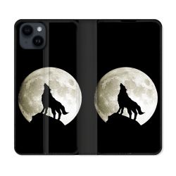 Housse Cuir Portefeuille Pour Iphone 15 (6,1) Animal Loup Noir