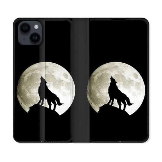 Housse Cuir Portefeuille Pour Iphone 15 (6,1) Animal Loup Noir