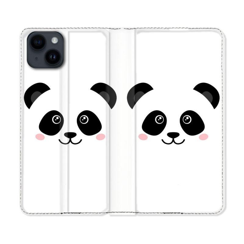Housse Cuir Portefeuille Pour Iphone 15 (6,1) Animal Panda Blanc