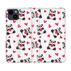 Housse Cuir Portefeuille Pour Iphone 15 (6,1) Animal Panda Cœur