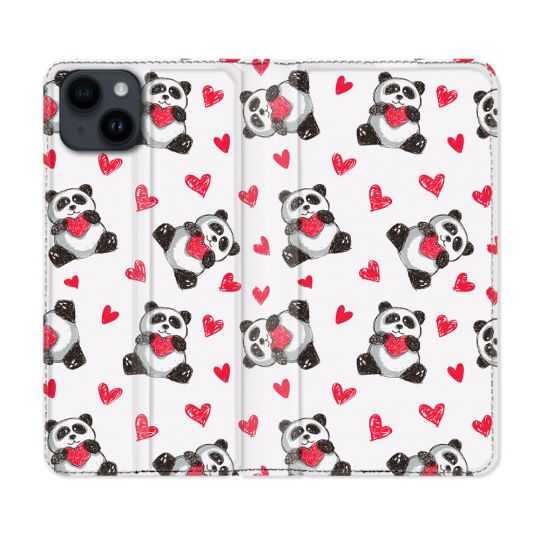 Housse Cuir Portefeuille Pour Iphone 15 (6,1) Animal Panda Cœur