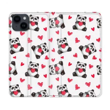Housse Cuir Portefeuille Pour Iphone 15 (6,1) Animal Panda Cœur