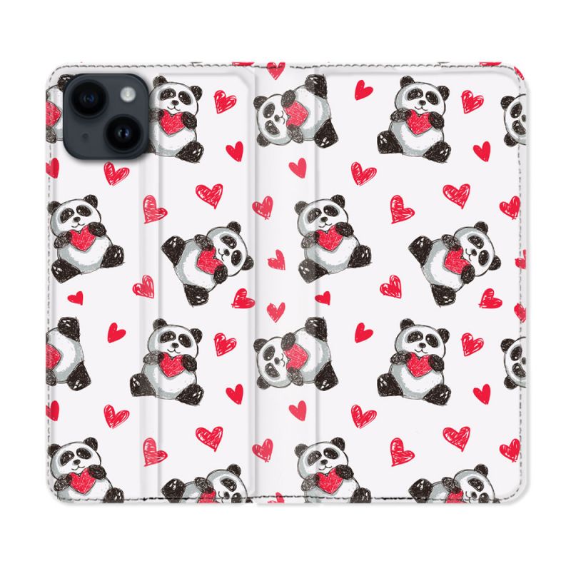 Housse Cuir Portefeuille Pour Iphone 15 (6,1) Animal Panda Cœur