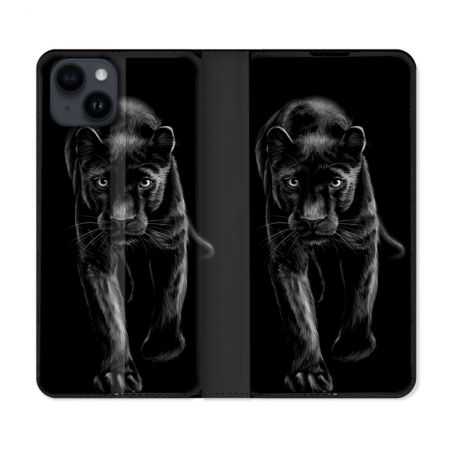 Housse Cuir Portefeuille Pour Iphone 15 (6,1) Animal Panthère Noire