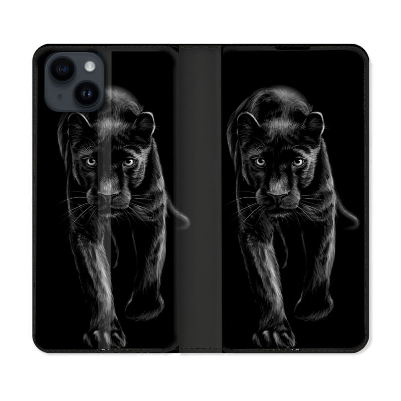 Housse Cuir Portefeuille Pour Iphone 15 (6,1) Animal Panthère Noire