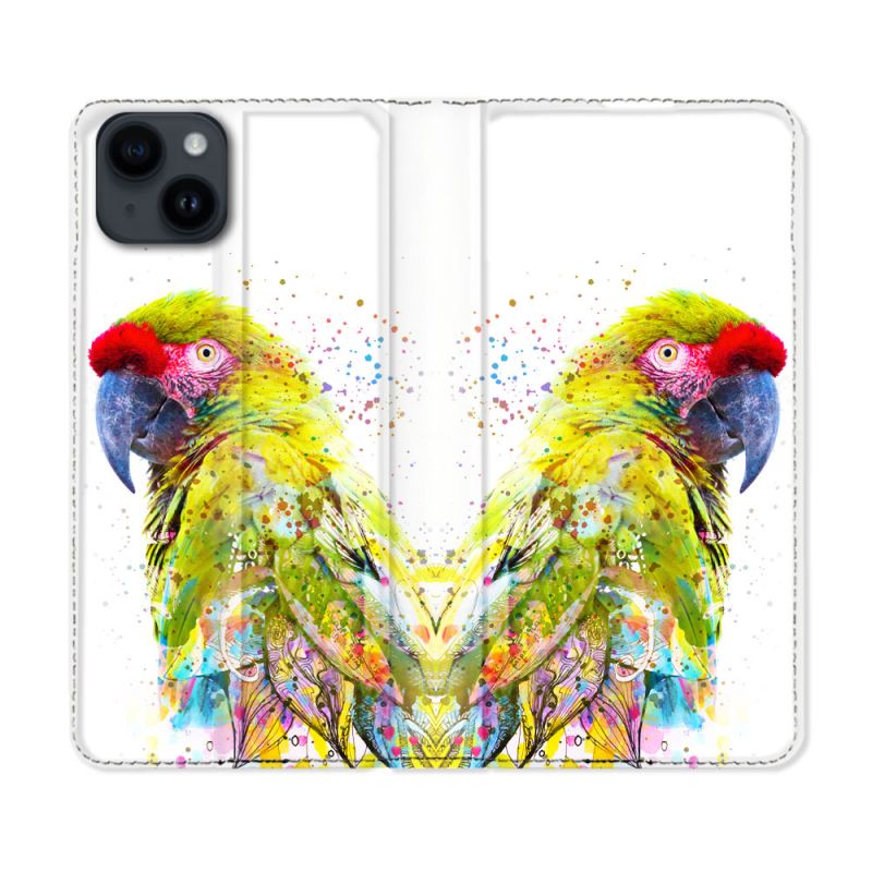 Housse Cuir Portefeuille Pour Iphone 15 (6,1) Animal Perroquet Jaune