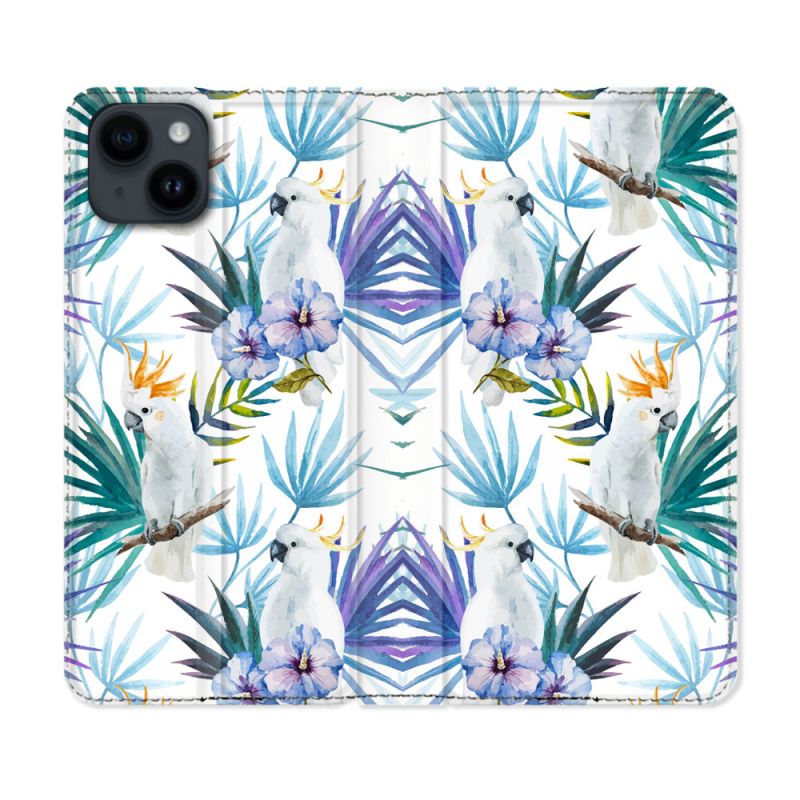 Housse Cuir Portefeuille Pour Iphone 15 (6,1) Animal Perroquet Peinture