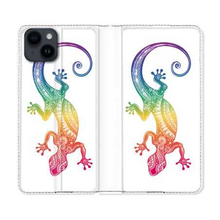 Housse Cuir Portefeuille Pour Iphone 15 (6,1) Animal Salamandre Color