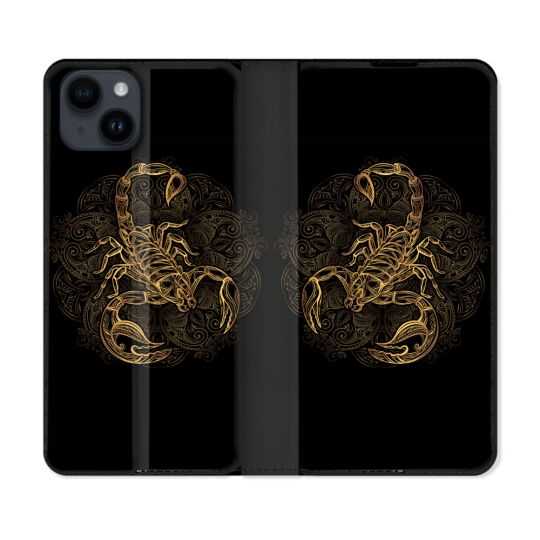 Housse Cuir Portefeuille Pour Iphone 15 (6,1) Animal Scorpion Fresque