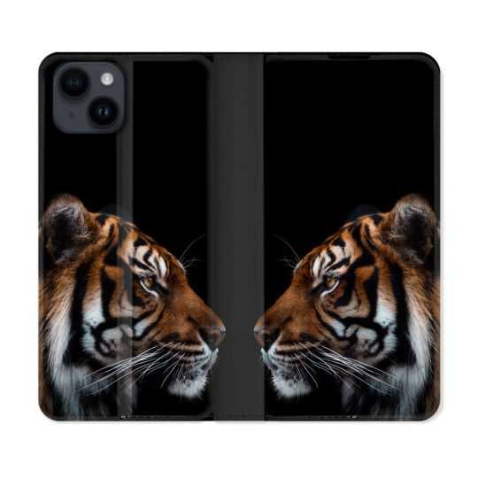 Housse Cuir Portefeuille Pour Iphone 15 (6,1) Animal Tigre Noir
