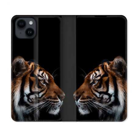 Housse Cuir Portefeuille Pour Iphone 15 (6,1) Animal Tigre Noir