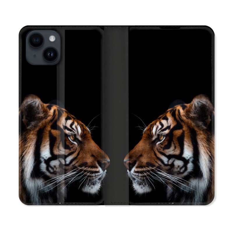 Housse Cuir Portefeuille Pour Iphone 15 (6,1) Animal Tigre Noir