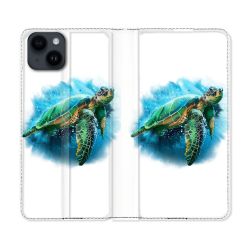 Housse Cuir Portefeuille Pour Iphone 15 (6,1) Animal Tortue Blanche multicolore