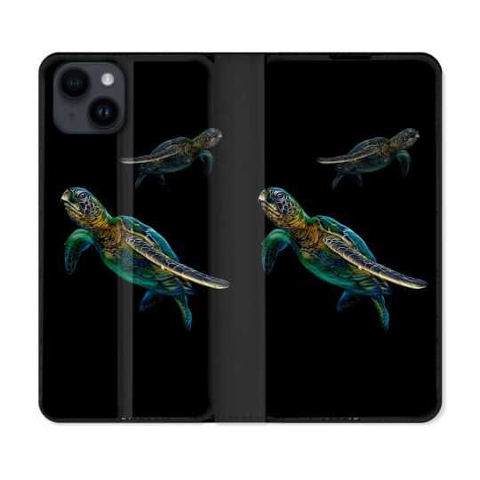 Housse Cuir Portefeuille Pour Iphone 15 (6,1) Animal Tortue Noire multicolore