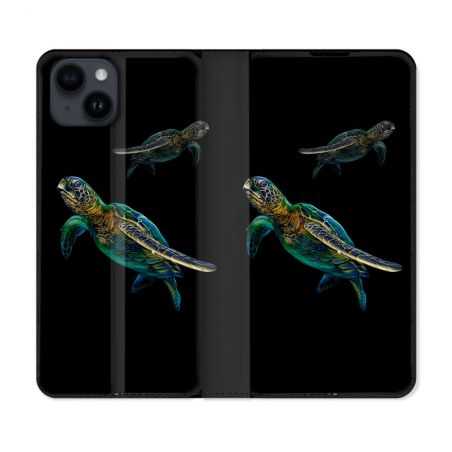 Housse Cuir Portefeuille Pour Iphone 15 (6,1) Animal Tortue Noire multicolore