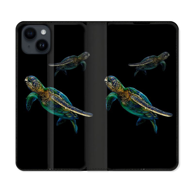 Housse Cuir Portefeuille Pour Iphone 15 (6,1) Animal Tortue Noire multicolore