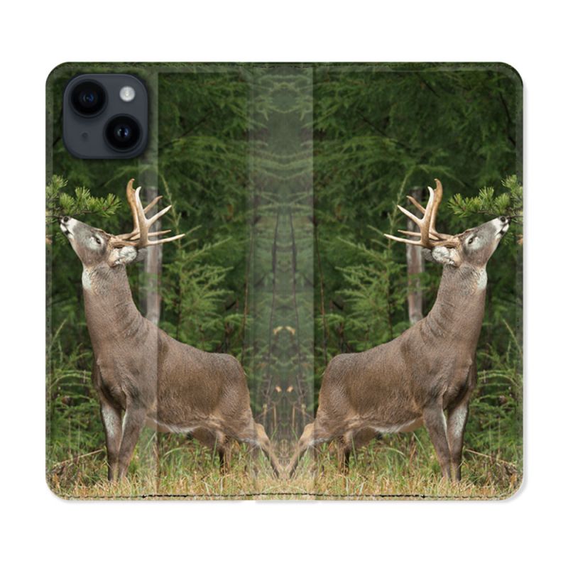 Housse Cuir Portefeuille Pour Iphone 15 (6,1) Chasse Cerf