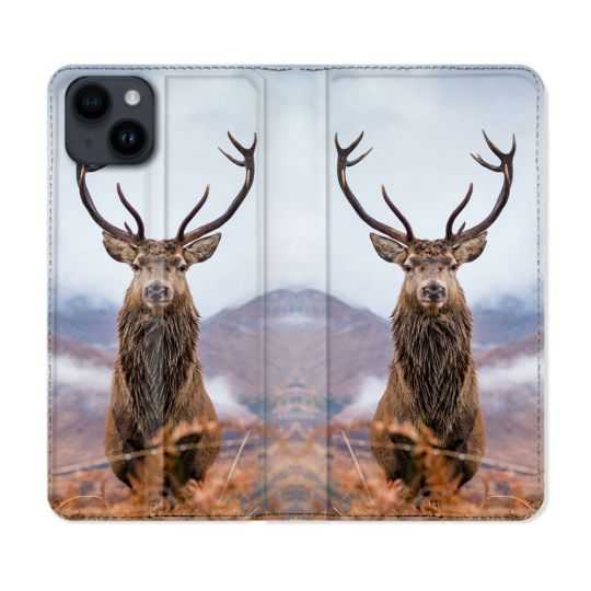 Housse Cuir Portefeuille Pour Iphone 15 (6,1) Chasse Chevreuil Montagne