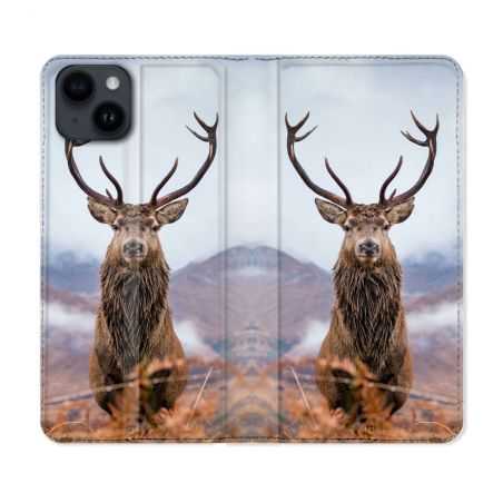 Housse Cuir Portefeuille Pour Iphone 15 (6,1) Chasse Chevreuil Montagne