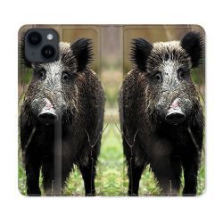 Housse Cuir Portefeuille Pour Iphone 15 (6,1) Chasse Sanglier bois