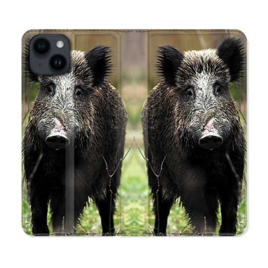 Housse Cuir Portefeuille Pour Iphone 15 (6,1) Chasse Sanglier bois