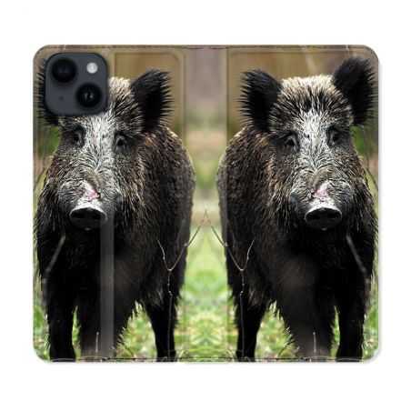 Housse Cuir Portefeuille Pour Iphone 15 (6,1) Chasse Sanglier bois