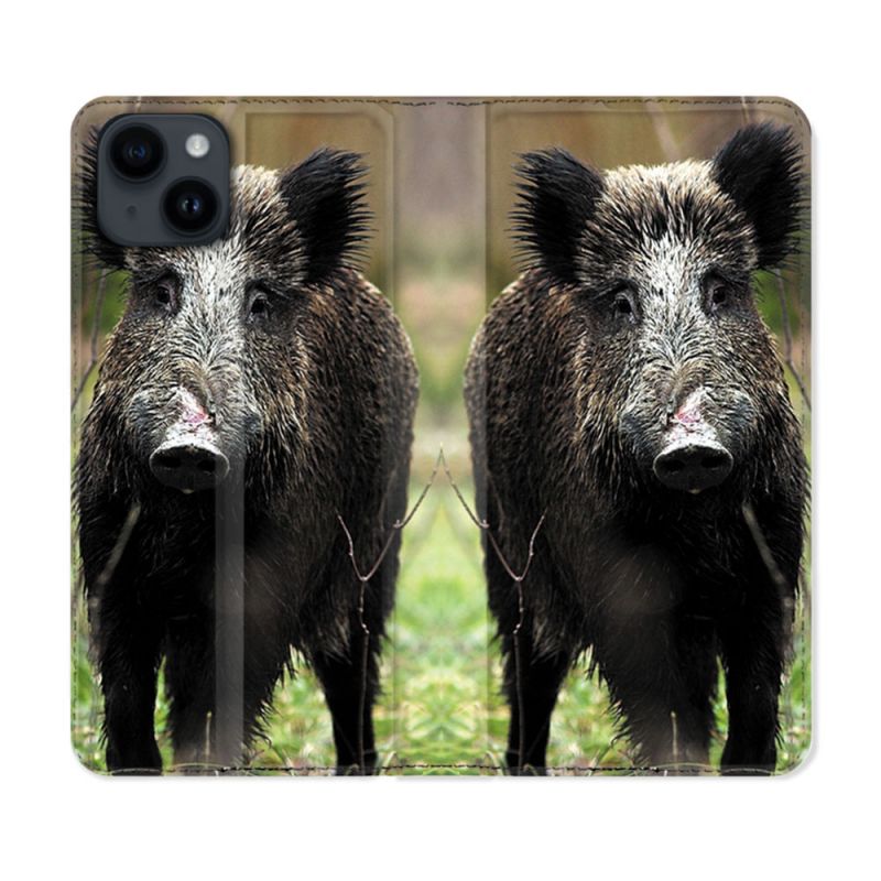 Housse Cuir Portefeuille Pour Iphone 15 (6,1) Chasse Sanglier bois