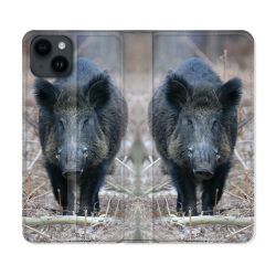 Housse Cuir Portefeuille Pour Iphone 15 (6,1) Chasse Sanglier Pin