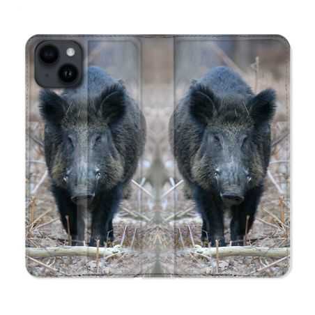 Housse Cuir Portefeuille Pour Iphone 15 (6,1) Chasse Sanglier Pin