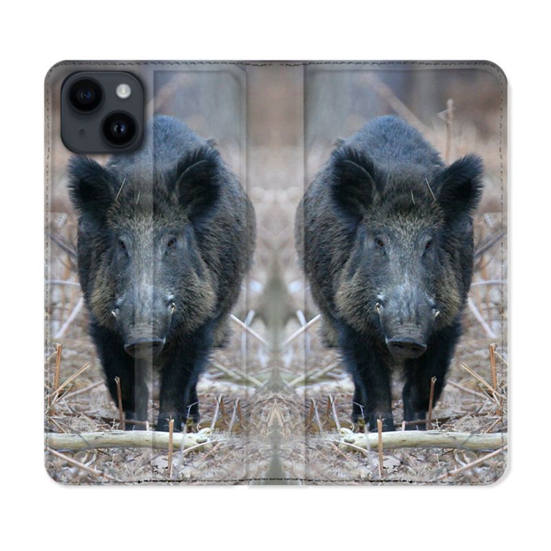 Housse Cuir Portefeuille Pour Iphone 15 (6,1) Chasse Sanglier Pin