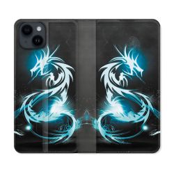 Housse Cuir Portefeuille Pour Iphone 15 (6,1) Fantastique Dragon Bleu
