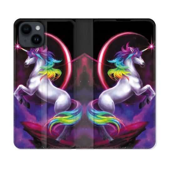 Housse Cuir Portefeuille Pour Iphone 15 (6,1) Fantastique Licorne Arc en ciel
