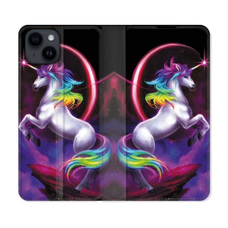 Housse Cuir Portefeuille Pour Iphone 15 (6,1) Fantastique Licorne Arc en ciel