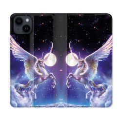 Housse Cuir Portefeuille Pour Iphone 15 (6,1) Fantastique Licorne Céleste