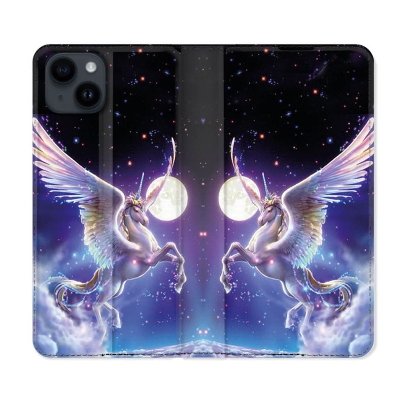 Housse Cuir Portefeuille Pour Iphone 15 (6,1) Fantastique Licorne Céleste