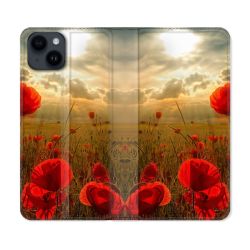 Housse Cuir Portefeuille Pour Iphone 15 (6,1) Fleur Coquelicot