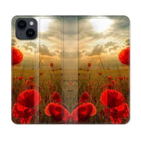 Housse Cuir Portefeuille Pour Iphone 15 (6,1) Fleur Coquelicot