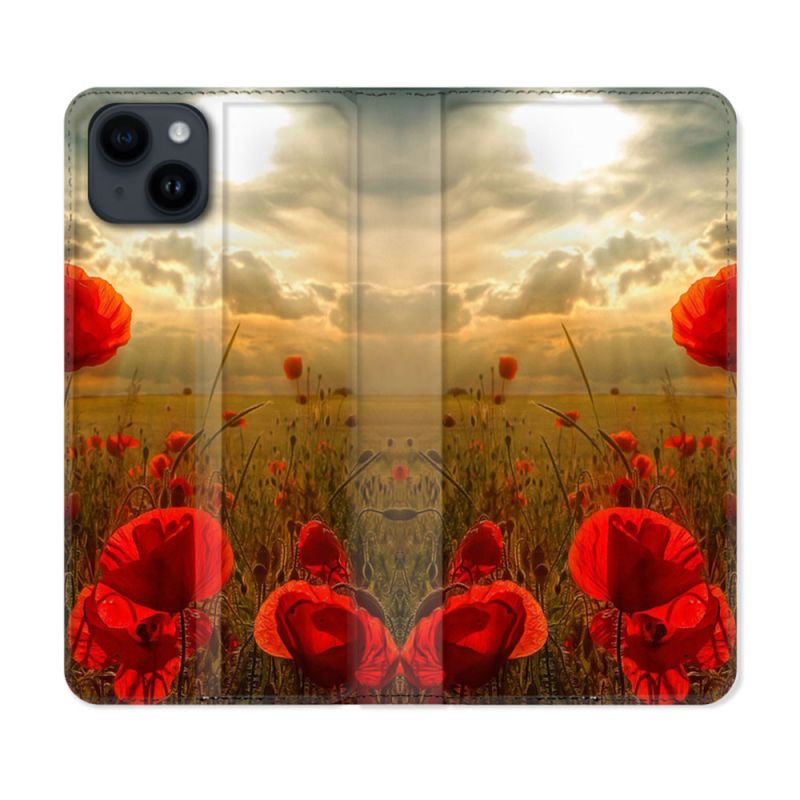 Housse Cuir Portefeuille Pour Iphone 15 (6,1) Fleur Coquelicot