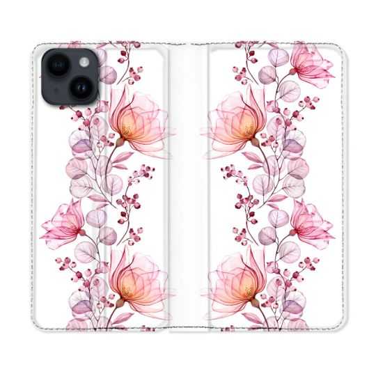 Housse Cuir Portefeuille Pour Iphone 15 (6,1) Fleur Eclosion