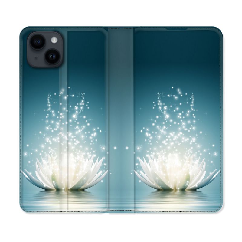 Housse Cuir Portefeuille Pour Iphone 15 (6,1) Fleur Lotus Blanc