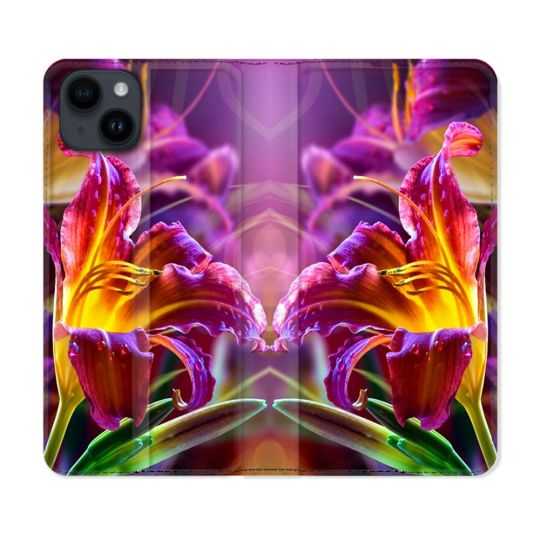 Housse Cuir Portefeuille Pour Iphone 15 (6,1) Fleur Lys Color
