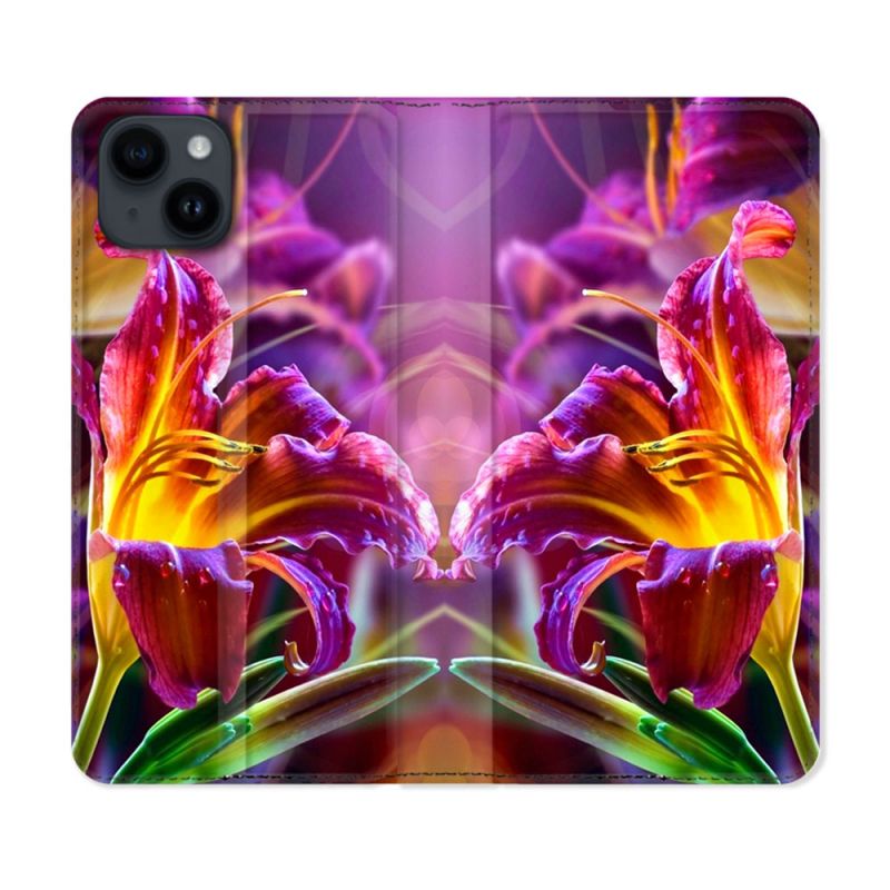 Housse Cuir Portefeuille Pour Iphone 15 (6,1) Fleur Lys Color