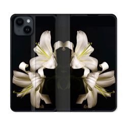 Housse Cuir Portefeuille Pour Iphone 15 (6,1) Fleur Lys Noir