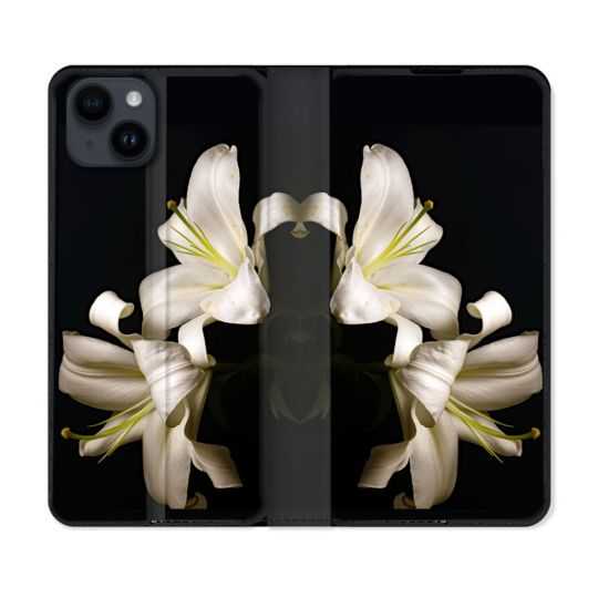 Housse Cuir Portefeuille Pour Iphone 15 (6,1) Fleur Lys Noir
