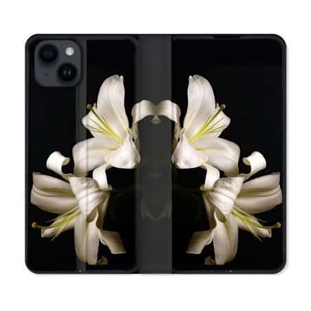 Housse Cuir Portefeuille Pour Iphone 15 (6,1) Fleur Lys Noir