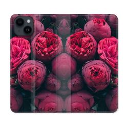 Housse Cuir Portefeuille Pour Iphone 15 (6,1) Fleur Pivoine