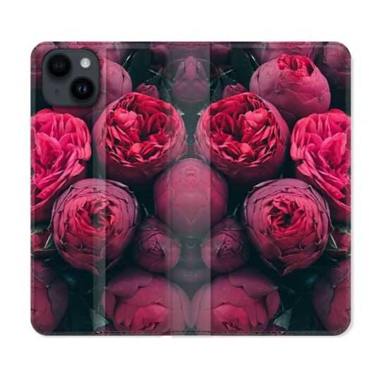 Housse Cuir Portefeuille Pour Iphone 15 (6,1) Fleur Pivoine