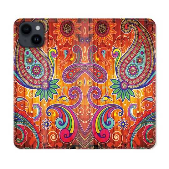 Housse Cuir Portefeuille Pour Iphone 15 (6,1) Fleur Psychedelic